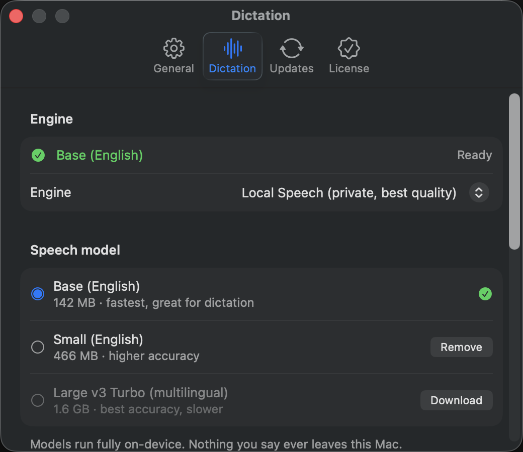 The real Cuedora Settings → Dictation tab, showing the bundled on-device speech model